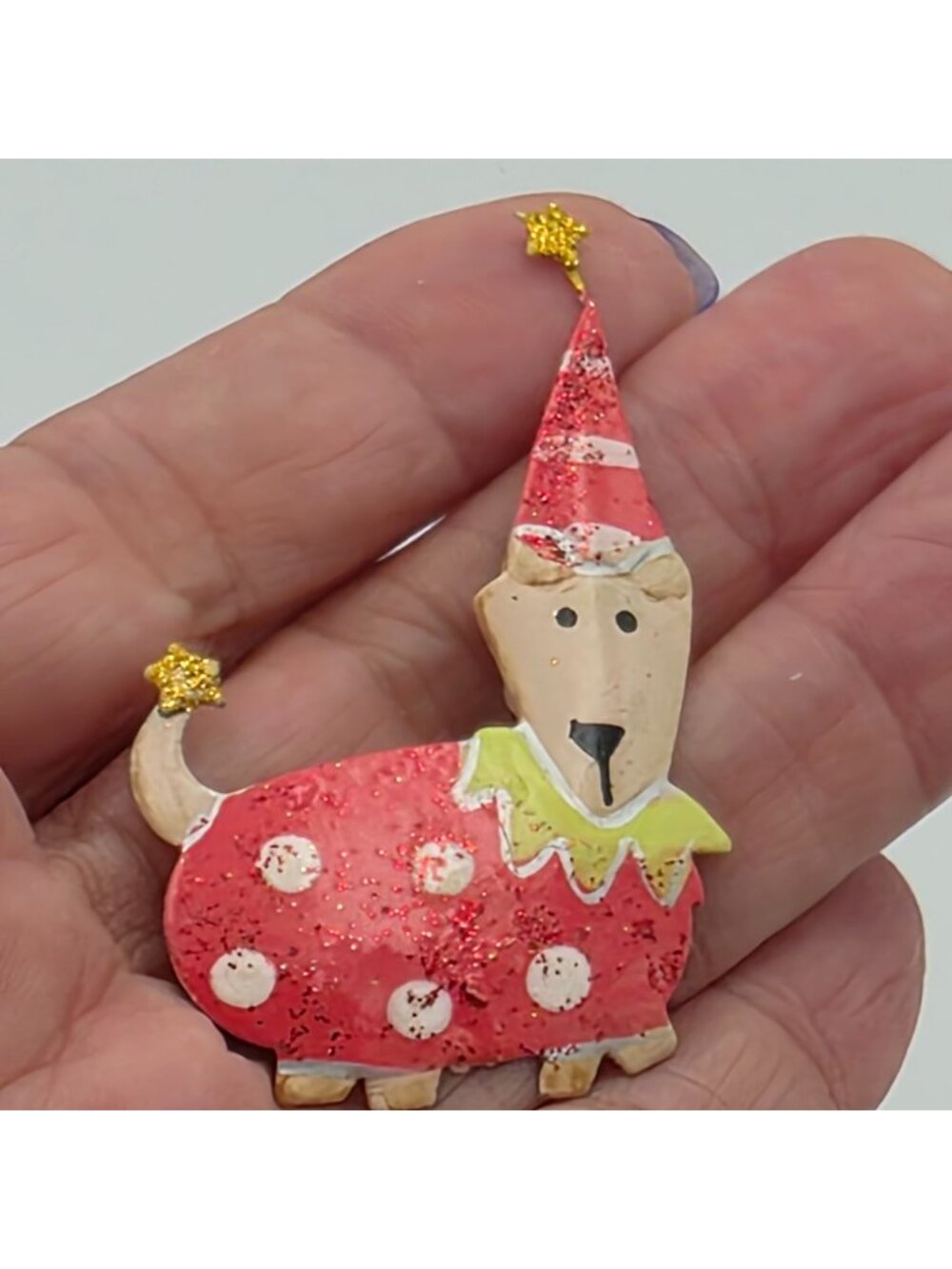 Festive Dog Brooch Pin With Glitter Accents & Star Details Metal Hand Painted 2.